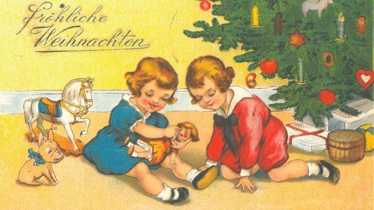 Historische Weihnachtskarte: Zwei Kinder spielen unter einem Weihnachtsbaum, kol. Zeichnung (HHStAW, 409/4, 9039)
