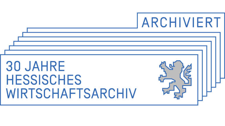Logo der Jubiläumsausstellung des Hessischen Wirtschaftsarchivs: Stilisierte Karteikarten mit der Aufschrift "30 Jahre Hessisches Wirtschaftsarchiv und Hessenlöwe"