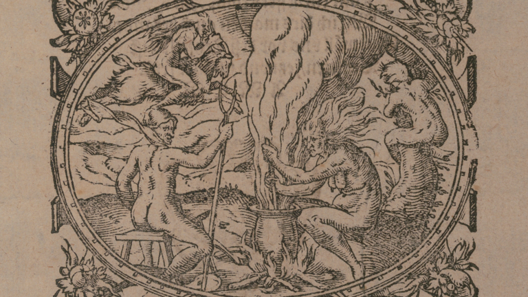 Holzschnitt: Vignette im Buch von Abraham Saur, Eine kurtze / treuwe Warnung, 1582. Nackte Hexen beim Brauen eines Zaubertranks.