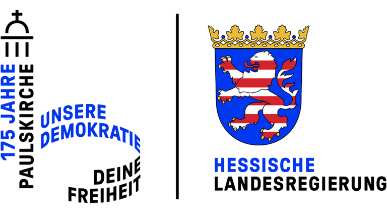 Logo des Jubiläums "175 Jahre Paulskirche - Unsere Demokratie. Deine Freiheit". Rechts das Wappen von Hessen und der Schriftzug Hessische Landesregierung