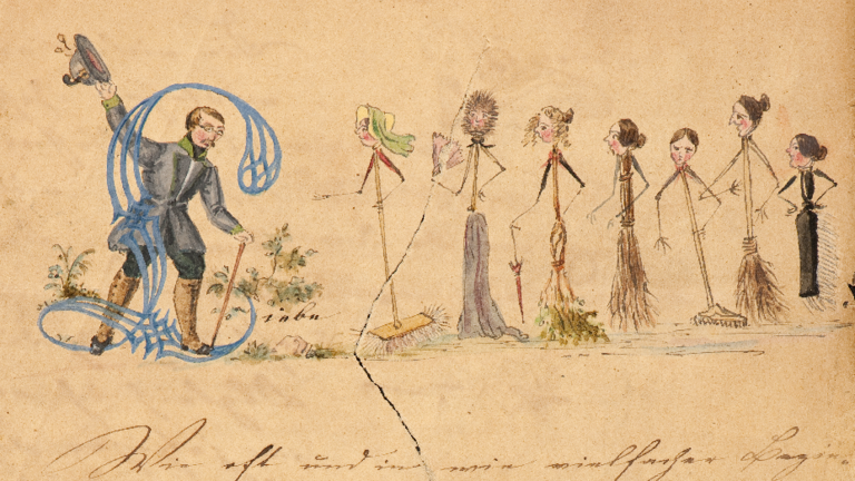 Kolorierte Zeichnung: Ein Mann begrüßt sieben Frauen in Gestalt verschiedener Besen (HStAD, O 13, 1014)