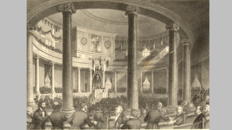 Historischer Stich: Blick in die Paulskirche in Frankfurt auf die tagende Nationalversammlung, 1848 (HStAD, R 4, 34943)