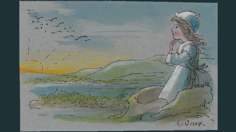 Koloriertes Aquarell: Ein Mädchen blickt auf den Sonnenaufgang hinter einer Hügelkette (HStAM, 340 Grimm, 407)