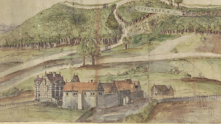 Historische Darstellung des Hofs zu Rhöda auf einer Karte über den Niederelsunger Holzfrevel im Stromberg (südöstlich von Volkmarsen), 1563 (HStAM, Karten P II, 9723, Ausschnitt)