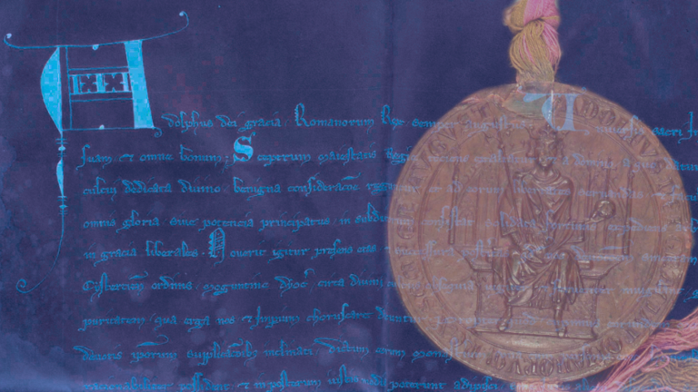 Kollage: Mittelalterliche Urkunde über einem Siegel von König Adolf von Nassau