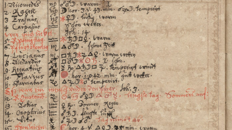 Schreibkalender mit Tageseintragungen und astronomischen Symbolen