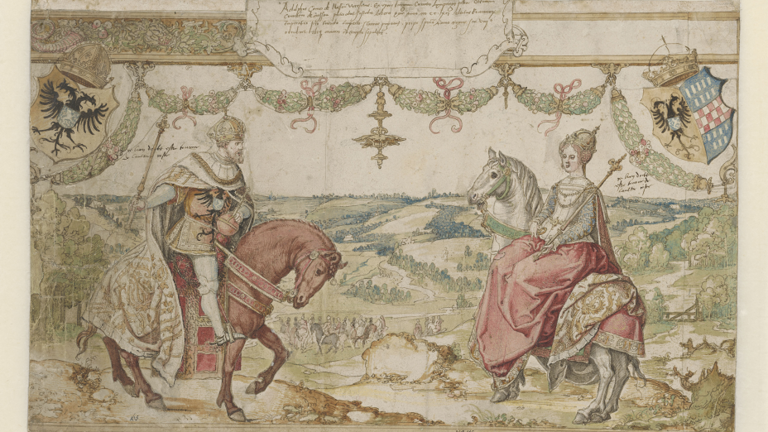 Gemälde nach einer Tapisserie: links König Adolf mit Krone, Reichsapfel und Szepter, rechts Königin Imagina mit Krobe und Szepter, beide zu Pferd. Im Hintergrund eine baumbestandene Hügellandschaft