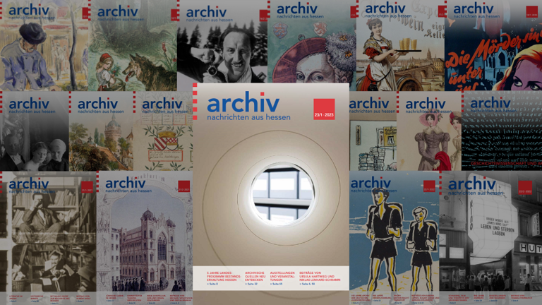 Die Titelseiten der älteren Ausgaben der "Archivnachrichten aus Hessen" und der aktuellen Ausgabe