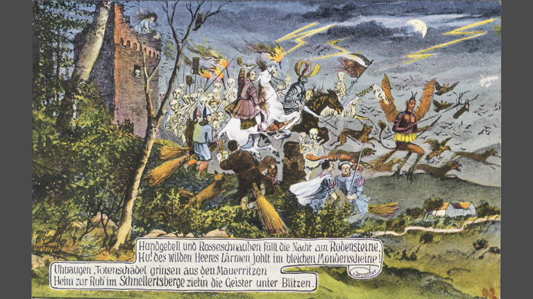Postkarte: Burgruine Rodenstein, daneben Zug von Gespenstern, Teufeln, Skeletten und Rodensteiner zu Pferd, darunter Gedichttext