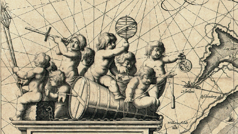 Historische Karte: Flügellose Putten, die auf einer Seetonne sitzen, halten verschiedene Navigationsinstrumente in den Händen