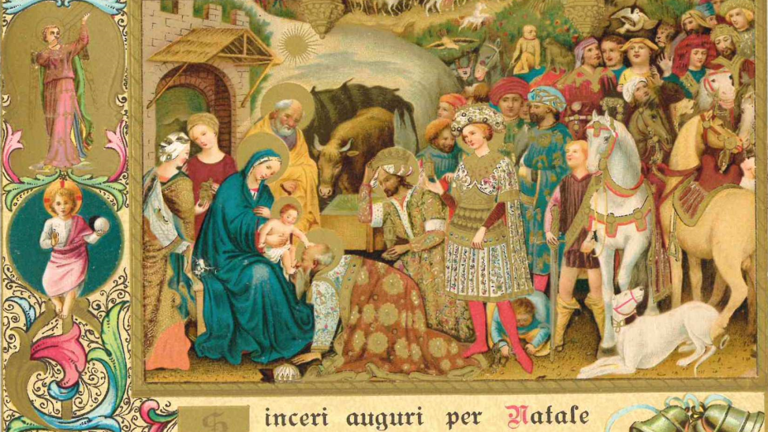 Weihnachtspostkarte mit historisierender Darstellung der Geburt Christi und Anbetung durch die drei Weisen