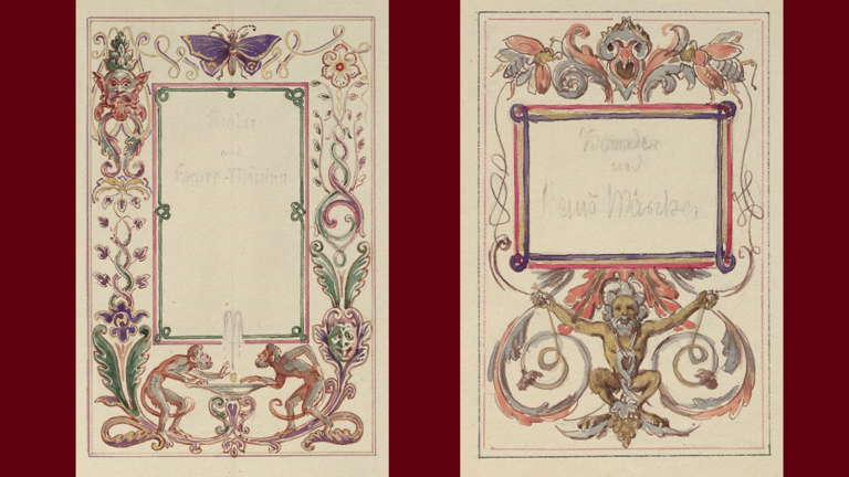Zeichnerische Entwürfe für Bucheinbände mit zahlreichen Zierelementen und mythologischen Darstellungen