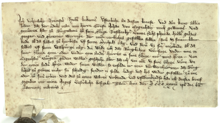 Mittelalterliche Urkunde: Handschrift auf Pergament mit Wachssiegel