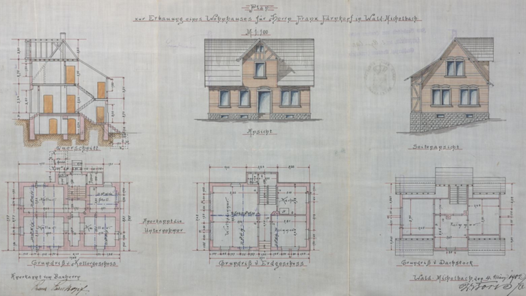Historischer Plan: Grundriss, Aufriss und Querschnitte eines einstöckigen Hauses