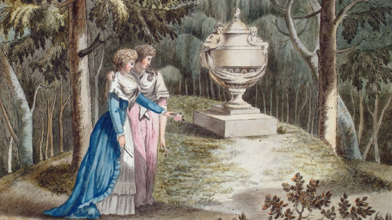 Historischer kolorierter Stich: Zwei Damen stehen vor dem Grabmal in Form eine Urne