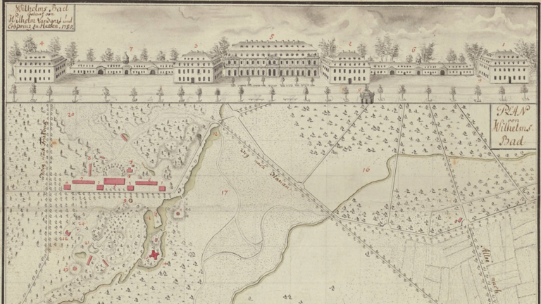 Historische Karte: Oben Ansicht einer mehrflügeligen Kuranlage mit Seitengebäuden, unten Lagelan