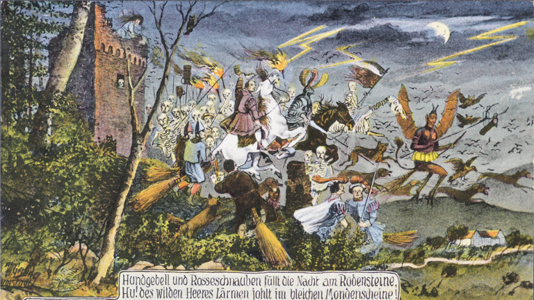 Historischer Fabdruck: Burgruine Rodenstein, davor Zug von Gespenstern, Teufeln, Skeletten und Rodensteiner zu Pferd, darunter Gedichttext