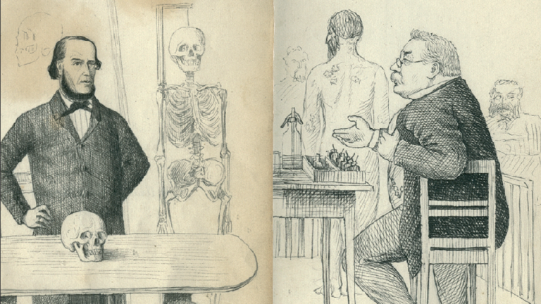 Zwei Zeichnungen: ein sitzender und ein stehender Mann mit anatomischen Präparaten