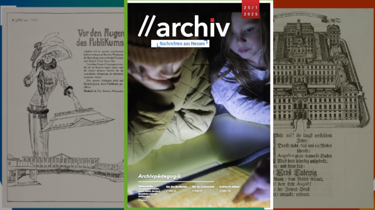 Kollage: Zwei Seiten der Archivnachrichten mit einer historischen Werbeanzeige für Henkell-Sekt und einem Kupferstich des Darmstädter Schlosses, davor die Titelseite der aktuellen Archivnachrichten (zwei Kinder betrachten eine Urkunde auf einem Leuchttisch)