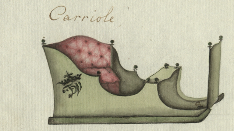 Kolorierte Zeichnung eines Schlittens mit rotgepolsterter Sitzbank