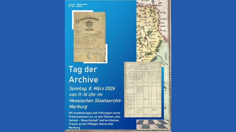Plakat "Tag der Archive" am 8. März 2026 im Hessischen Staatsarchiv Marburg mit Bildern historischer Dokumente und kurzer Programmankündigung