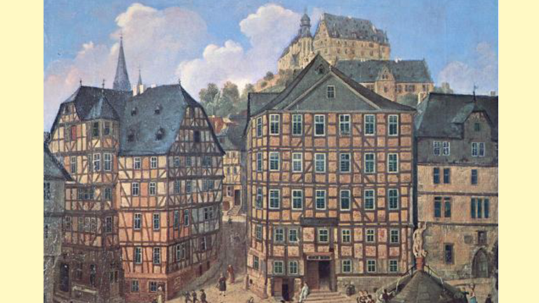 Gemälde: Blick auf den Marktplatz in Marburg Richtung Schloss, im Vordergrund Fachwerkhäuser