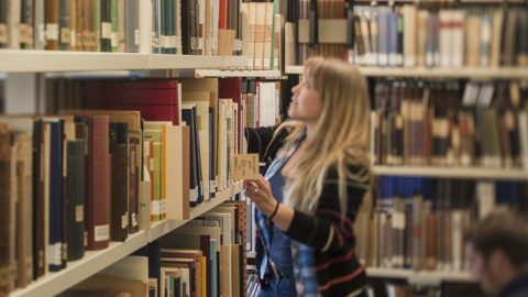 Mitarbeiterin an Regalen in der Dienstbibliothek des Hessischen Hauptstaatsarchiv Wiesbaden