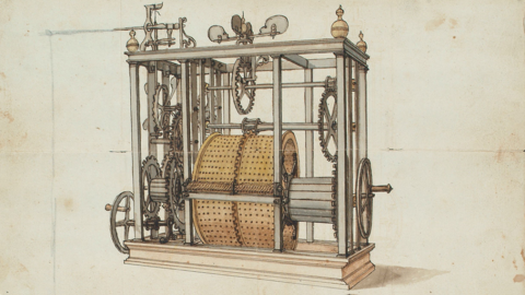 Historische Konstruktionszeichnung der Uhr und des Glockenspiels im Darmstädter Schloss. Historische Konstruktionszeichnung der Uhr und des Glockenspiels im Darmstädter Schloss.