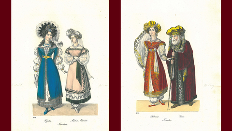 Kostümentwurf für Eglitha, Maria Marian, Rebecca und Isaac aus Ivanhoe (HHStAW, 125, 37) Kostümentwurf für Eglitha, Maria Marian, Rebecca und Isaac aus Ivanhoe (HHStAW, 125, 37)