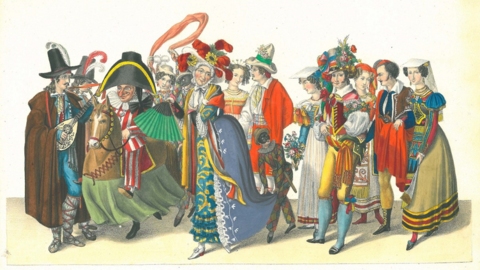 "Carneval de Rome" auf einem Maskenball in München, 1827 (HHStAW, 125, 37) Zeichnung kostümierter Personen des "Carneval de Rome" (HHStAW, 125, 37)