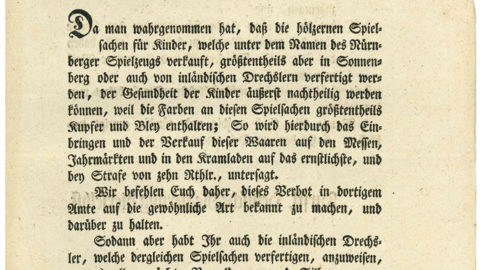 Verordnung der Landgrafschaft Hessen-Kassel von 1801 über das Verbot des Verkaufs von Spielzeug mit kupfer- oder bleihaltigen Farben (HStAM, 330 Homberg, C 9780)