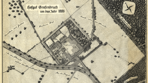 Rekonstruktionszeichnung des Hofguts Grafenbruch um 1866 von Lothar Keck aus der Vogelperspektive (HStAD, O 59 Dr. Lothar Keck)