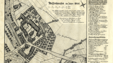 Rekonstruktionszeichnung von Messenhausen um 1864 von Lothar Keck aus der Vogelperspektive (HStAD, O 59 Dr. Lothar Keck)