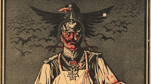 Antideutsche Karikatur von Pierre Chatillon (Ausschnitt): "Der Gesandte des Teufels". Darstellung von Kaiser Wilhelm in Pickelhaube mit blutigem Adler als Helmzier (HLA, 3037, 123) 
