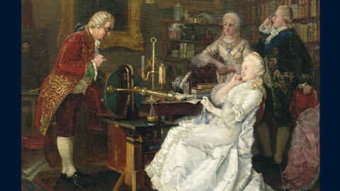 Gemälde: Katharina die Große von Russland besucht Michail Lomonossow. Der Wissenschaftler erläutert der sitzenden Zarin ein technisches Gerät in seinem Arbeitszimmer, zwei weitere Personen sehen zu. Gemälde von Ivan Feodorov, 1884