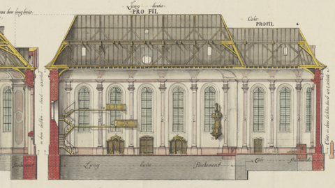 Entwurfszeichnung der neuen Kirche St. Peter und Paul in Camberg, Querschnitt, 1777 (HHStAW, 3011/1, 2800 H)