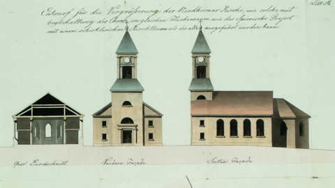 Querschnitt und Aufrisse der Kirche zu Nordheim für die geplante Vergrößerung, 1812 (HStAD, P 11, 3869/1-2)