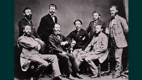 Historisches Gruppenfoto vom Deutschen Archivtag in Marburg, 1878: Acht Männer, darunter Gustav Könnecke (hintere Reihe ganz links) (HStAD, R 4, 22403 UF)