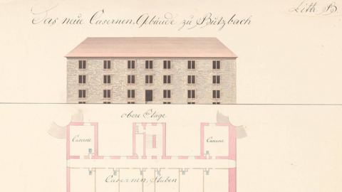 Die neue Kavallerie-Kaserne in Butzbach, um 1830 (HStAM, 300, P II 57) Aufriss des Gebäudes der neuen Kavallerie-Kaserne in Butzbach, um 1830 (HStAM, 300, P II 57)