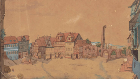 Unbekannte Stadtansicht aus dem Nachlass Bickell: Blick auf einen Platz mit Fachwerkhäusern, rechts Mauerreste einer Burg oder eines Schlosses (HStAM, 340 Bickell, P II 72)