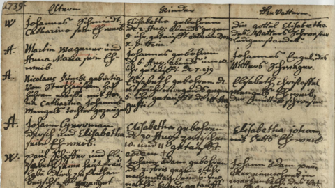 Eine Seite des Kirchenbuchs von Amönau mit Oberndorf und Warzenbach (lutherisch), 1739 (HStAM, Ki, 7)