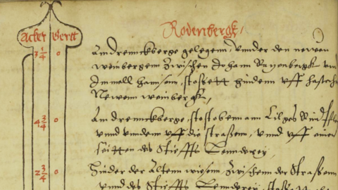 Eintrag im Salbuch der Stadt und des Amtes Rotenburg: Zierleiste mit Angabe des Umfangs von Äckern und Gärten und Beschreibung der Lage in roter und schwarzer Tinte, 1579 (HStAM, S, 535)
