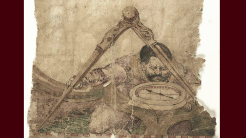 Der Kartograph bei der Arbeit: ein knieender Mann visiert über eine Bussole eine Richtung an. Möglicherweise Selbstporträt des Kartographen Elias Hoffmann (gest. 1592) (HStAM, Slg 7, c 657)