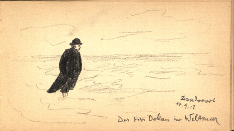 Karl Weckerling: "Der Herr Dekan im Weltmeer", Zandvoort, 1912 (HHStAW, 1120) Karl Weckerling: "Der Herr Dekan im Weltmeer", Zandvoort, 1912. Ein schwarzgekleideter Geistlicher steht bis zu den Knieen im Meer (HHStAW, 1120)