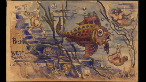 Ernst Weckerling: Plakat für ein Wettschwimmen in Algerien, 1915 (HHStAW, 1120) Ernst Weckerling: Plakat für ein Wettschwimmen in Algerien, 1915. Ein großer Fisch, umgeben von Wasserpflanzen und kleinen tauchenden Menschen (HHStAW, 1120)