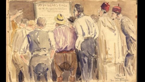 Ernst Weckerling: "Die neue Ankündigung", Berrouaghia / Algerien, 1915 (HHStAW, 1120) Ernst Weckerling: "Die neue Ankündigung". Blick auf den Rücken von Menschen in Berrouaghia / Algerien, die eine an die Wand angeschlagene Behördenmitteilung lesen, 1915 (HHStAW, 1120)