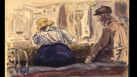 Ernst Weckeling: Älteres Ehepaar (HHStAW, 1120) Ernst Weckeling: Älteres Ehepaar. Rückansicht einer sitzenden Frau und Seitenansicht eines älteren Mannes, die nebeneinander auf in einem Zimmer auf einem Tagesbett sitzen, 1915 (HHStAW, 1120).