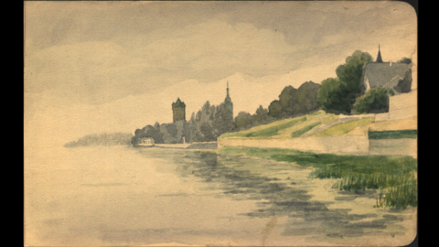 Karl Weckerling: Eltville (HHStAW, 1120) Karl Weckerling: Eltville. Blick von Osten auf das Rheinufer mit Kirche und Burg Eltville (HHStAW, 1120)