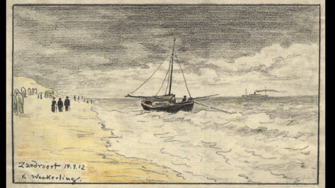 Karl Weckerling: Zandvoort / Niederlande, 1912 (HHStAW, 1120) Karl Weckerling: Zandvoort / Niederlande, 1912. Links der Strand mit Spaziergängern, in der Bildmitte ein Segelkutter. (HHStAW, 1120)