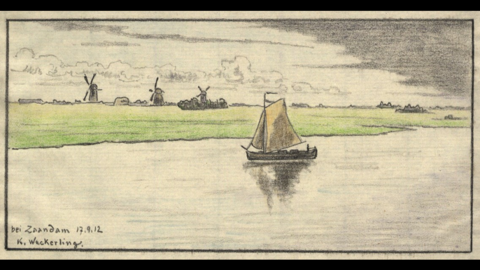Karl Weckerling: Bei Zaandam / Niederlande, 1912 (HHStAW, 1120) Karl Weckerling: Bei Zaandam / Niederlande, 1912. Blick auf einen Segelkutter auf einem Kanal, dahinter Wiesen und Windmühlen (HHStAW, 1120)